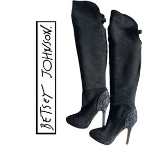 Betsey Johnson Elegant Black Suede and Lace Over-the-Knee Boots